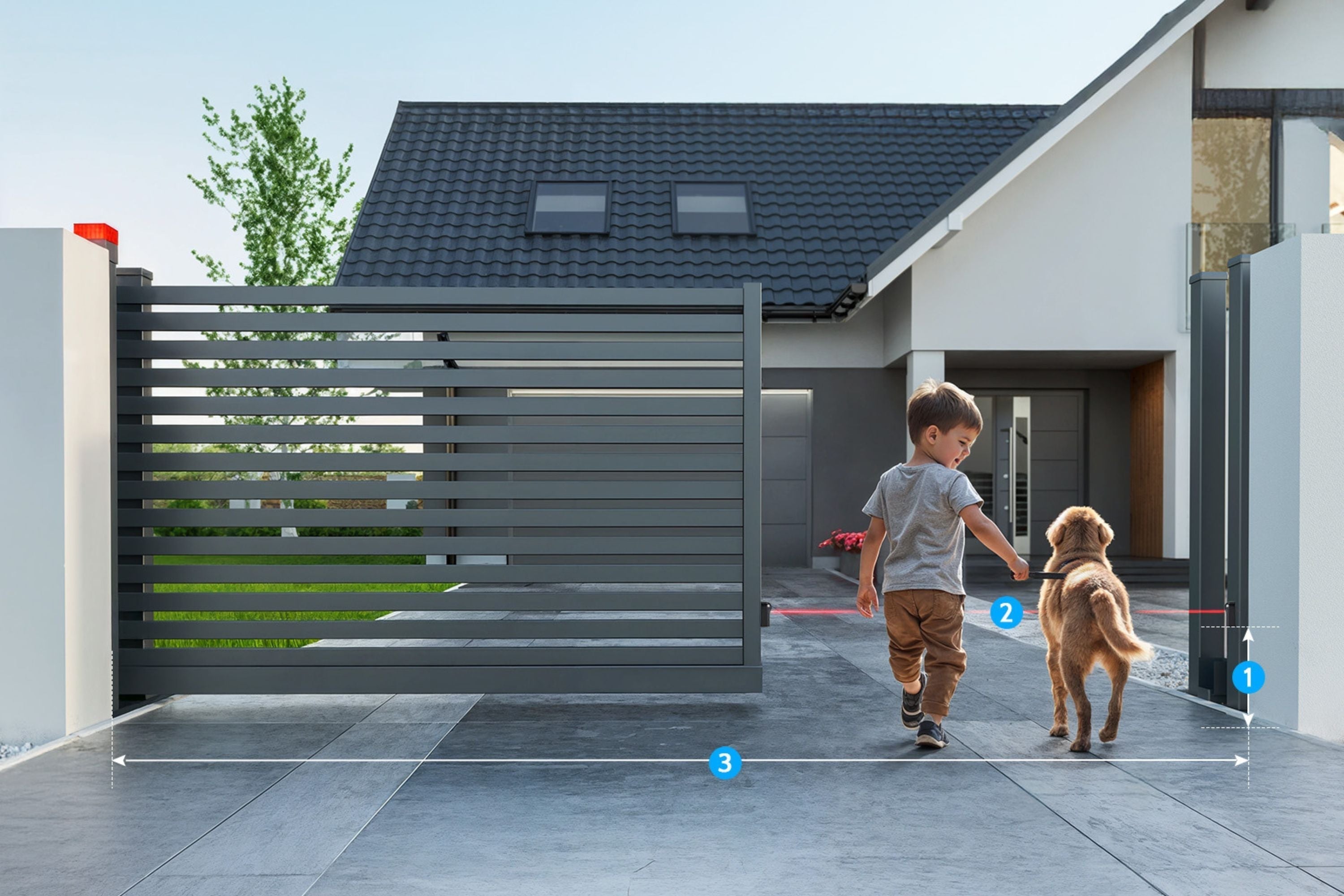 a kid and a dog walking through a large double swing driveway gate