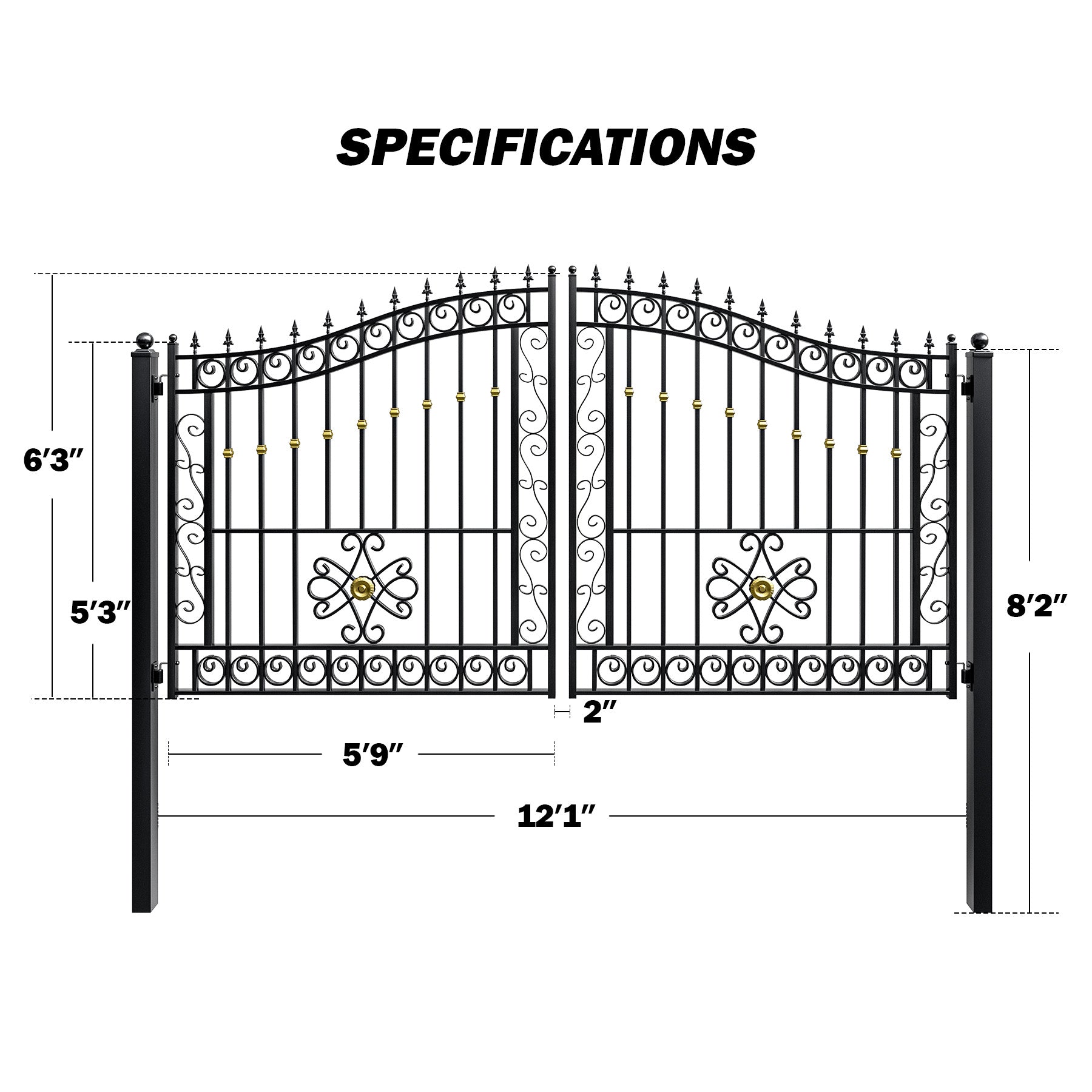 ZUMI Dual Swing Driveway Gate with Scrollwork & Finials